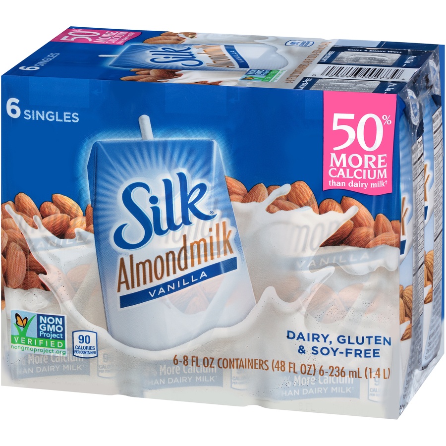 slide 6 of 8, Silk Almond Milk, Vanilla, Shelf Stable, Dairy Free, Lactose Free, Gluten Free 8 FL OZ Carton, 6 Ct, 6 ct