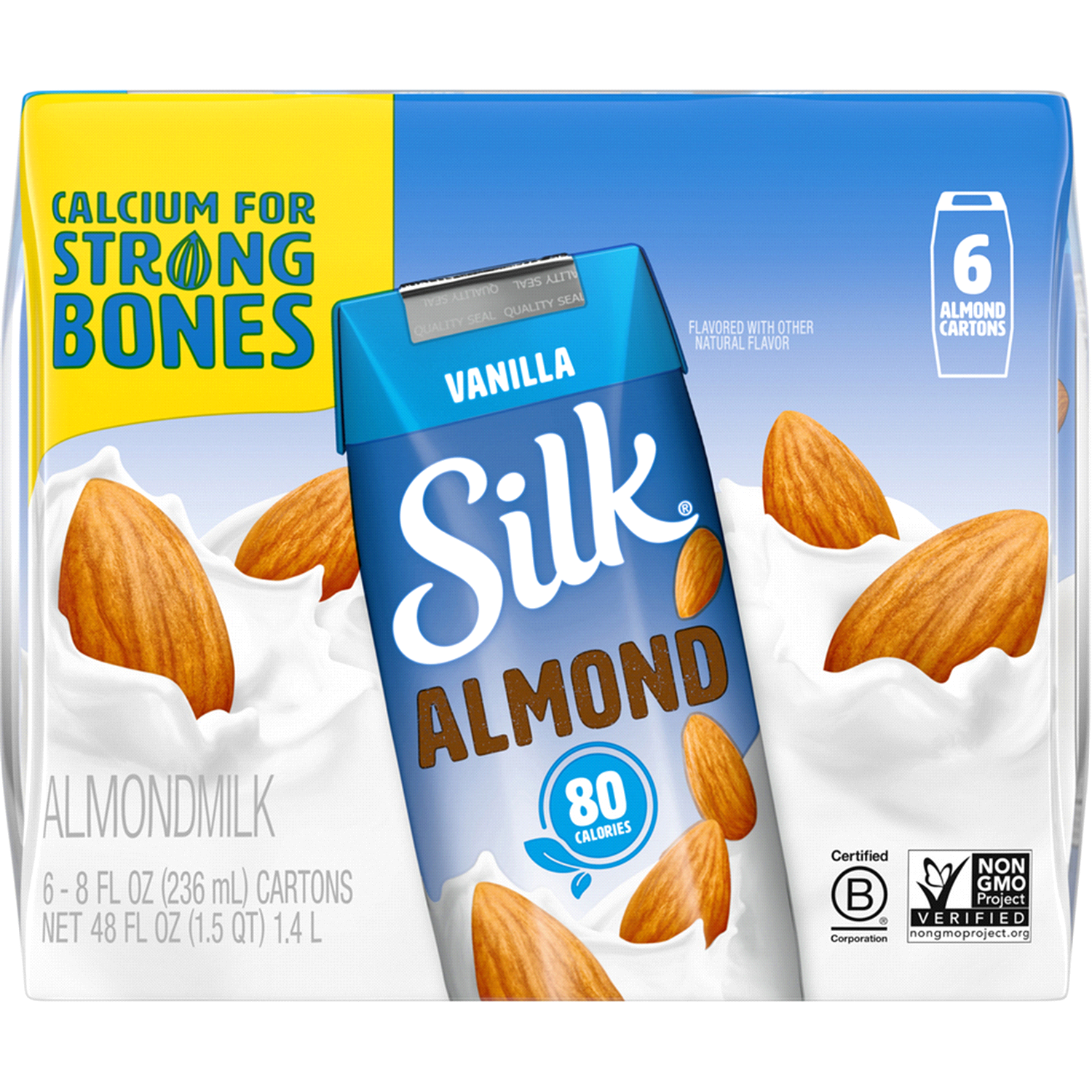 slide 1 of 8, Silk Almond Milk, Vanilla, Shelf Stable, Dairy Free, Lactose Free, Gluten Free 8 FL OZ Carton, 6 Ct, 6 ct