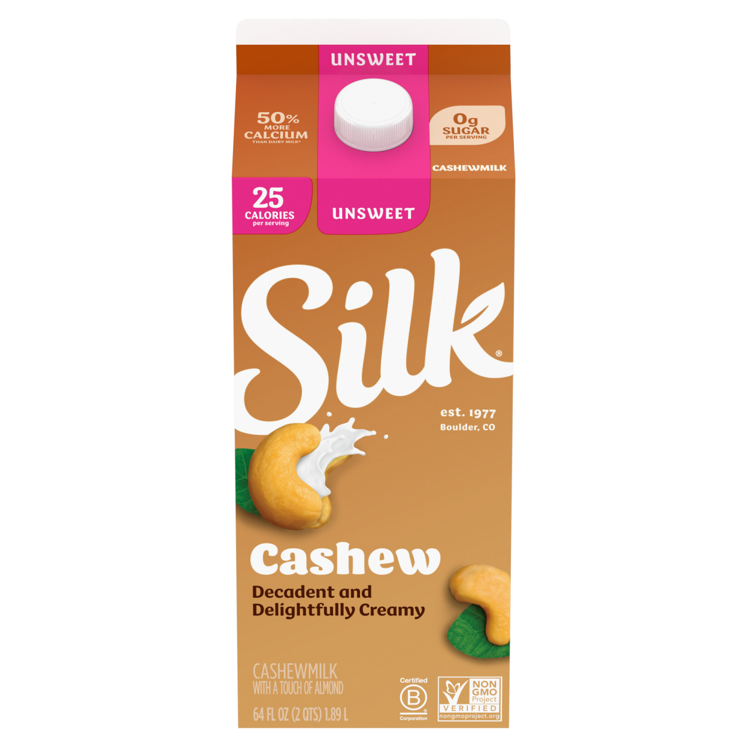 slide 2 of 5, Silk Cashew Milk, Unsweet, Dairy Free, Gluten Free, 64 FL OZ Half Gallon, 64 fl oz