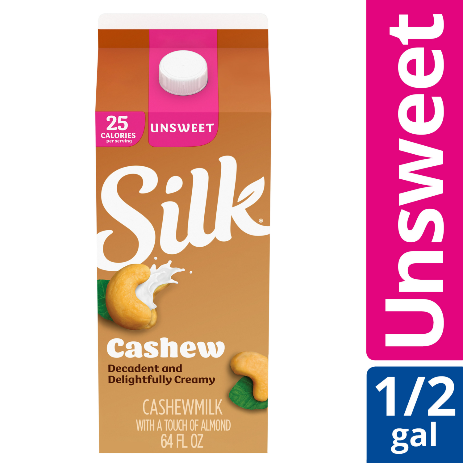 slide 3 of 5, Silk Cashew Milk, Unsweet, Dairy Free, Gluten Free, 64 FL OZ Half Gallon, 64 fl oz