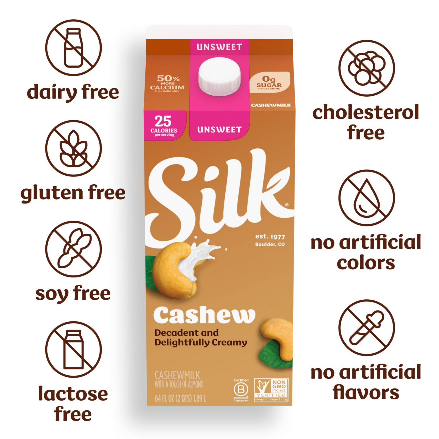 slide 5 of 5, Silk Cashew Milk, Unsweet, Dairy Free, Gluten Free, 64 FL OZ Half Gallon, 64 fl oz