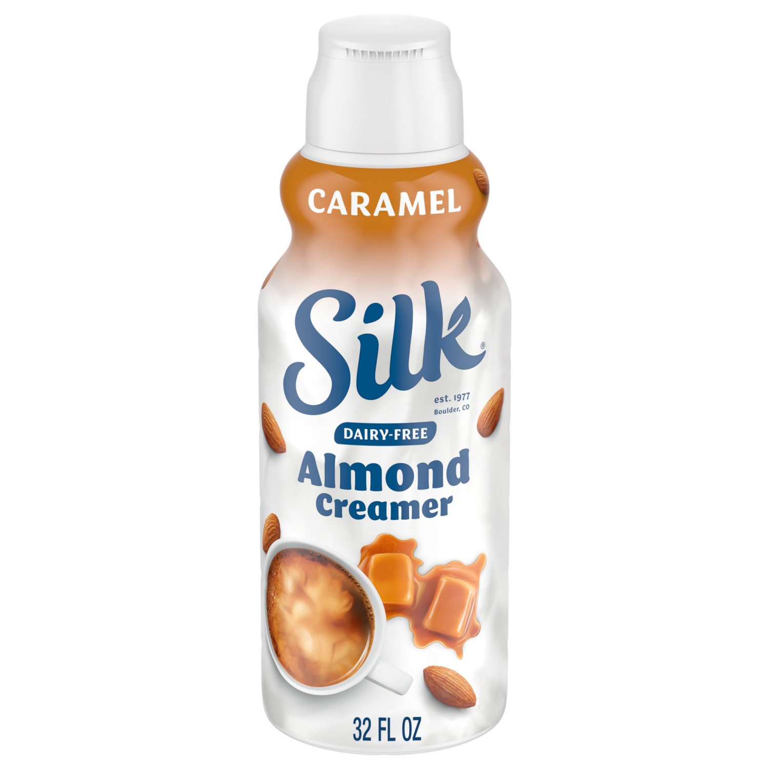 slide 1 of 5, Silk Almond Creamer, Caramel, Dairy Free, Gluten Free, 32 FL OZ Carton, 32 fl oz
