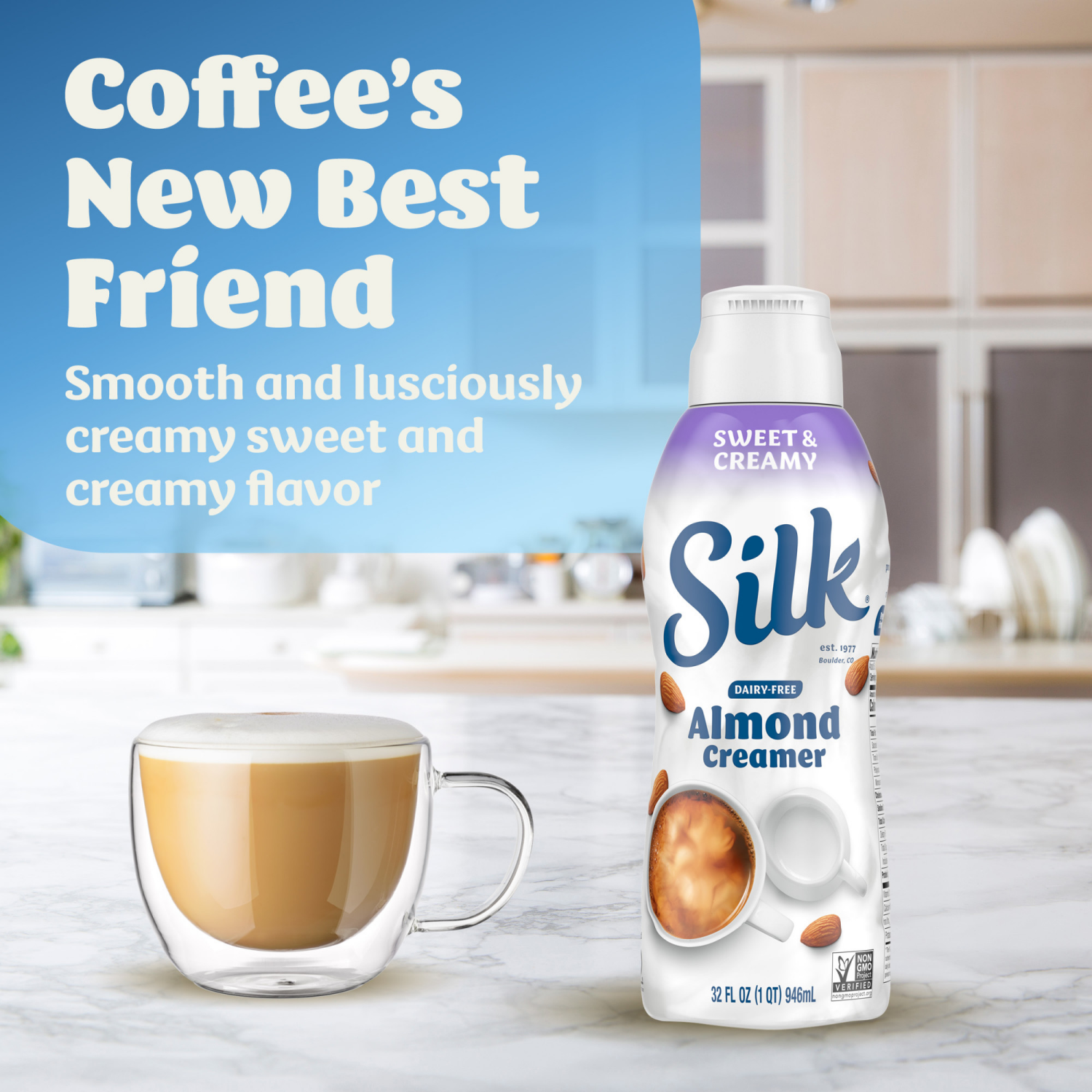 slide 3 of 5, Silk Almond Creamer, Sweet and Creamy, Dairy Free, Gluten Free, 32 FL OZ Carton, 32 fl oz