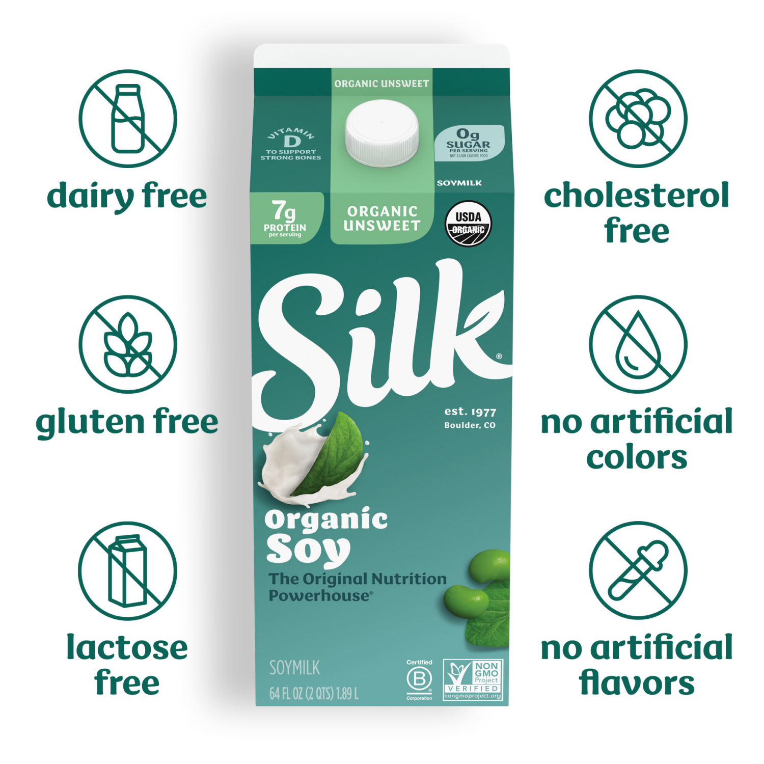 slide 5 of 5, Silk Soy Milk, Unsweet Organic, Dairy Free, Gluten Free, 64 FL OZ Half Gallon, 64 fl oz