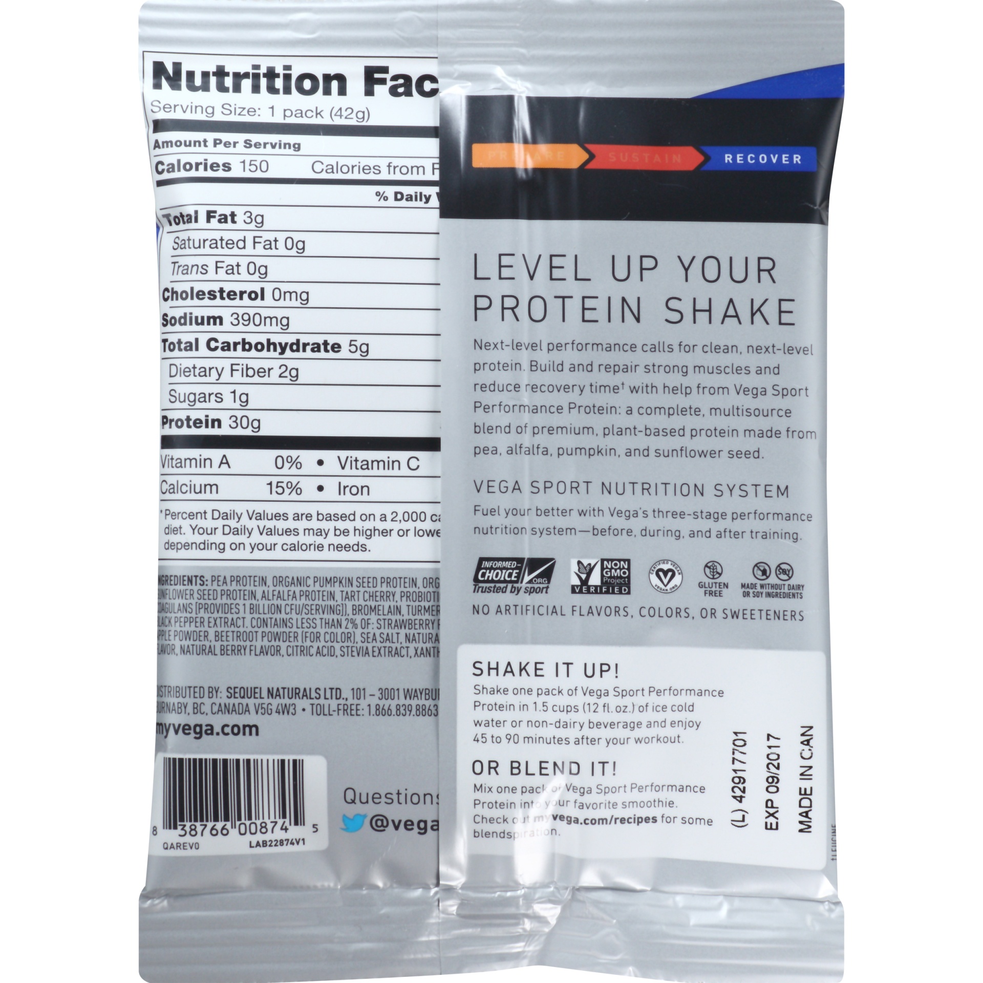 slide 4 of 6, Vega Sport Performance Protein Drink Mix Single, Berry, 1.5 oz