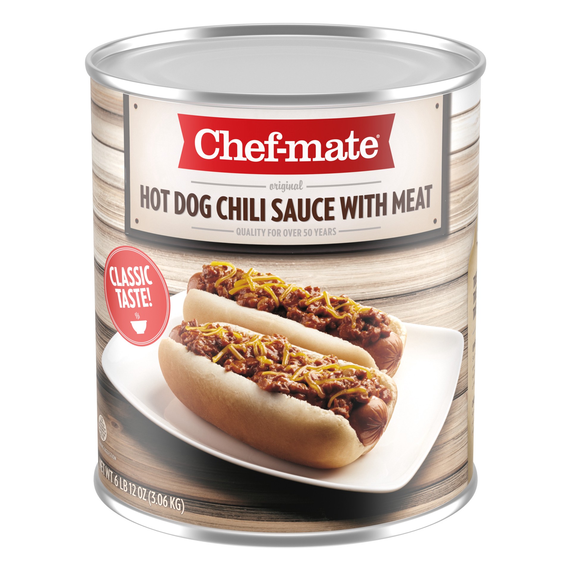 slide 1 of 5, CHEF-MATE Hot Dog Chili Sauce With Meat 6lbs 108 oz Can, 107.94 oz