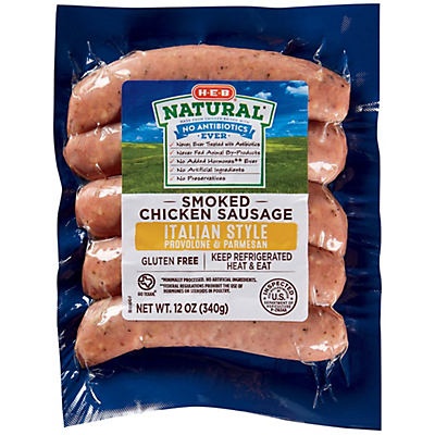 slide 1 of 1, H-E-B Natural Provolone Parmesan Chicken Sausage, 12 oz