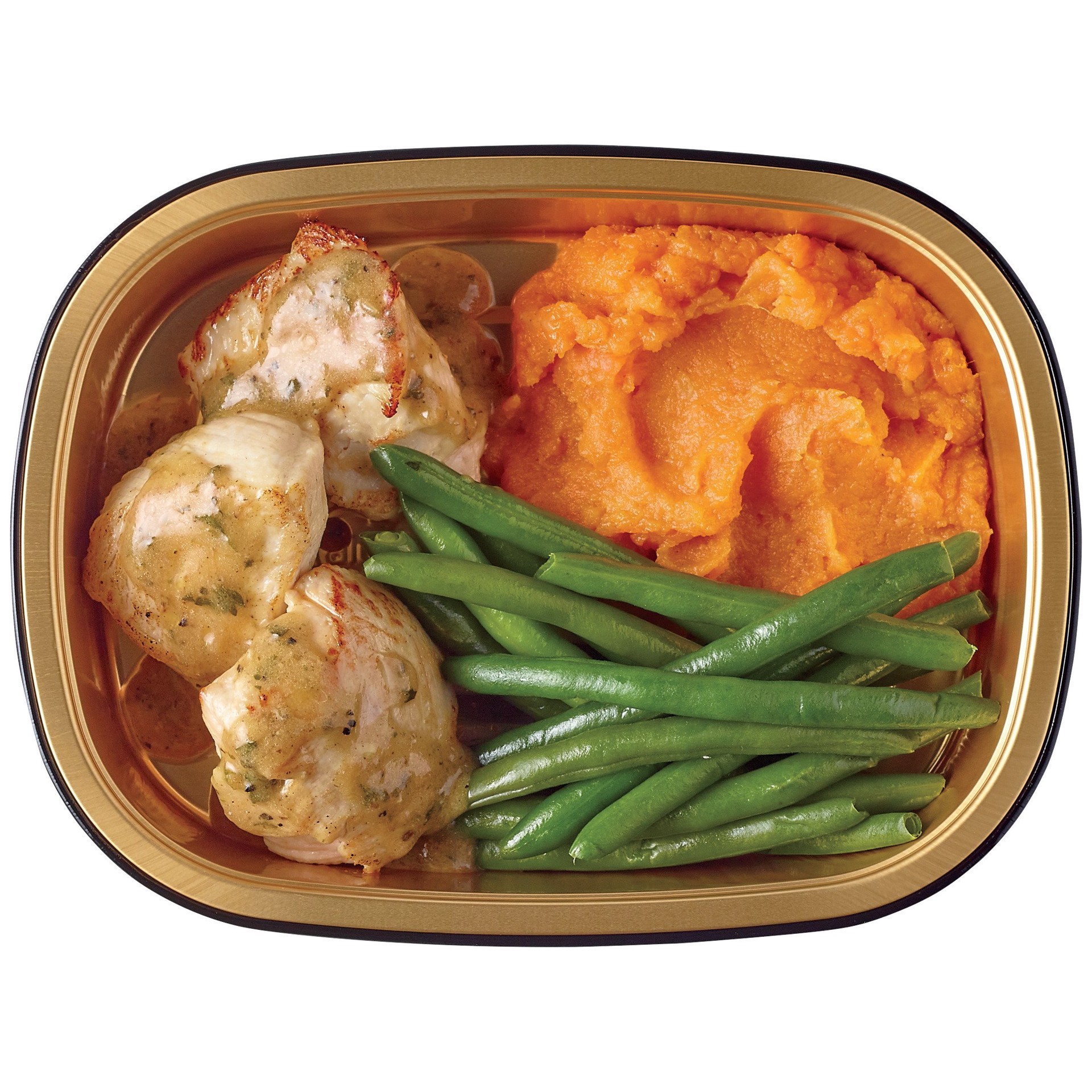 slide 1 of 1, H-E-B Meal Simple Turkey Cutlet with Gravy Butter, Mashed Sweet Potatoes & Green Beans, per lb