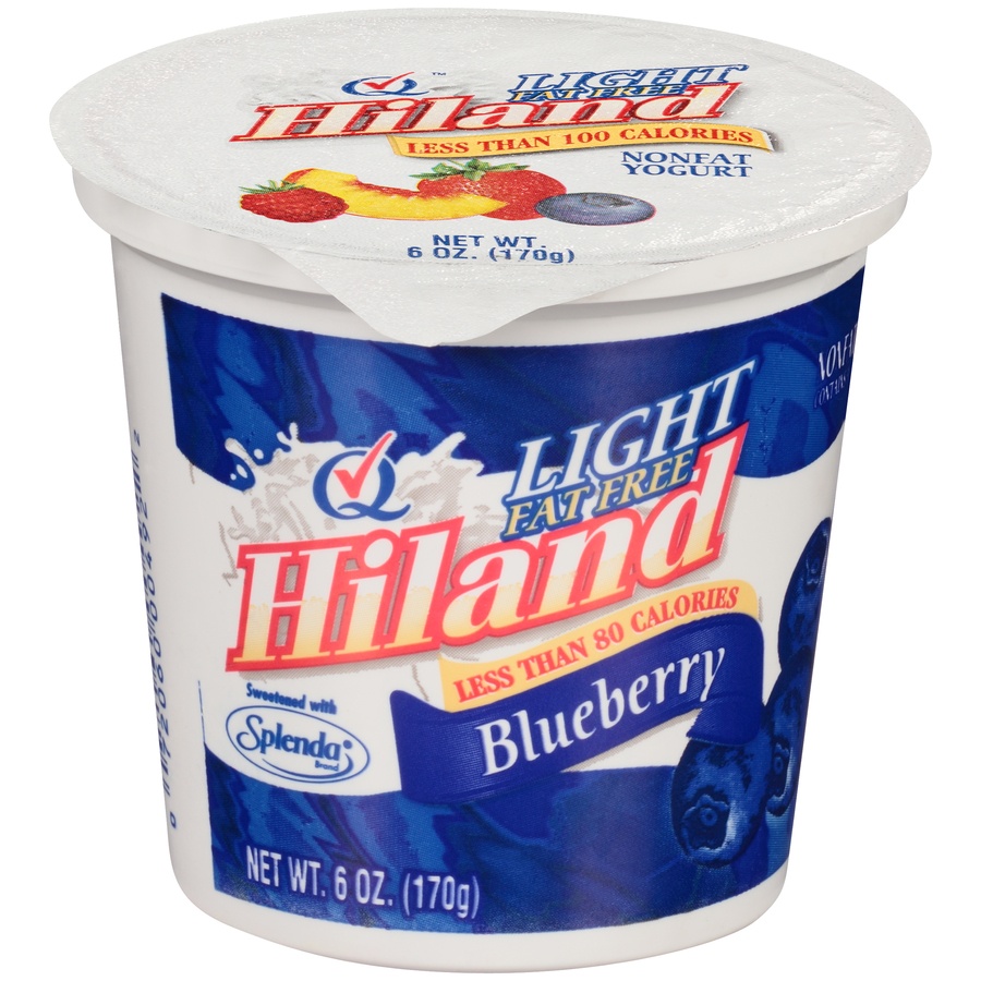 slide 1 of 1, Hiland Light Fat Free Blueberry Nonfat Yogurt 6 oz. Cup, 6 oz