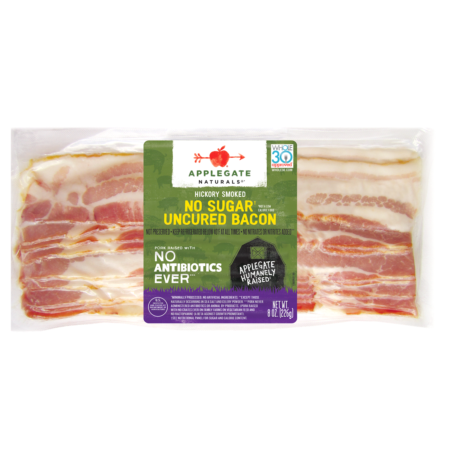 slide 1 of 4, Applegate Natural Hickory Smoked No Sugar Uncured Bacon, 8 oz