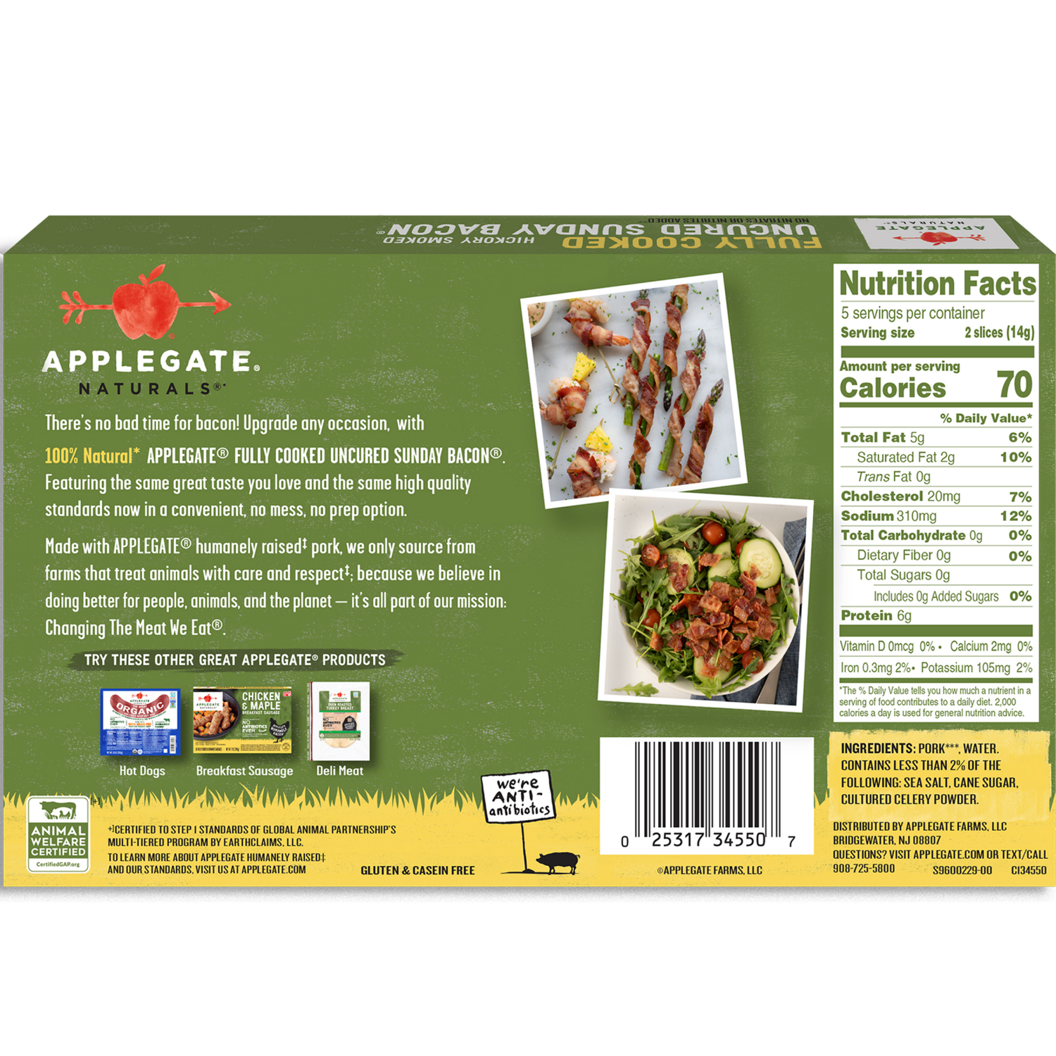 slide 2 of 6, Applegaten Applegate Farms Hickory Smoked Fully Cooked Uncured Sunday Bacon, 2.52 oz