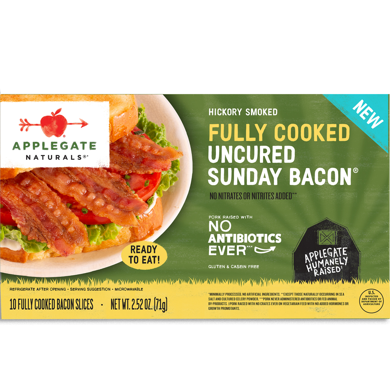 slide 1 of 6, Applegaten Applegate Farms Hickory Smoked Fully Cooked Uncured Sunday Bacon, 2.52 oz