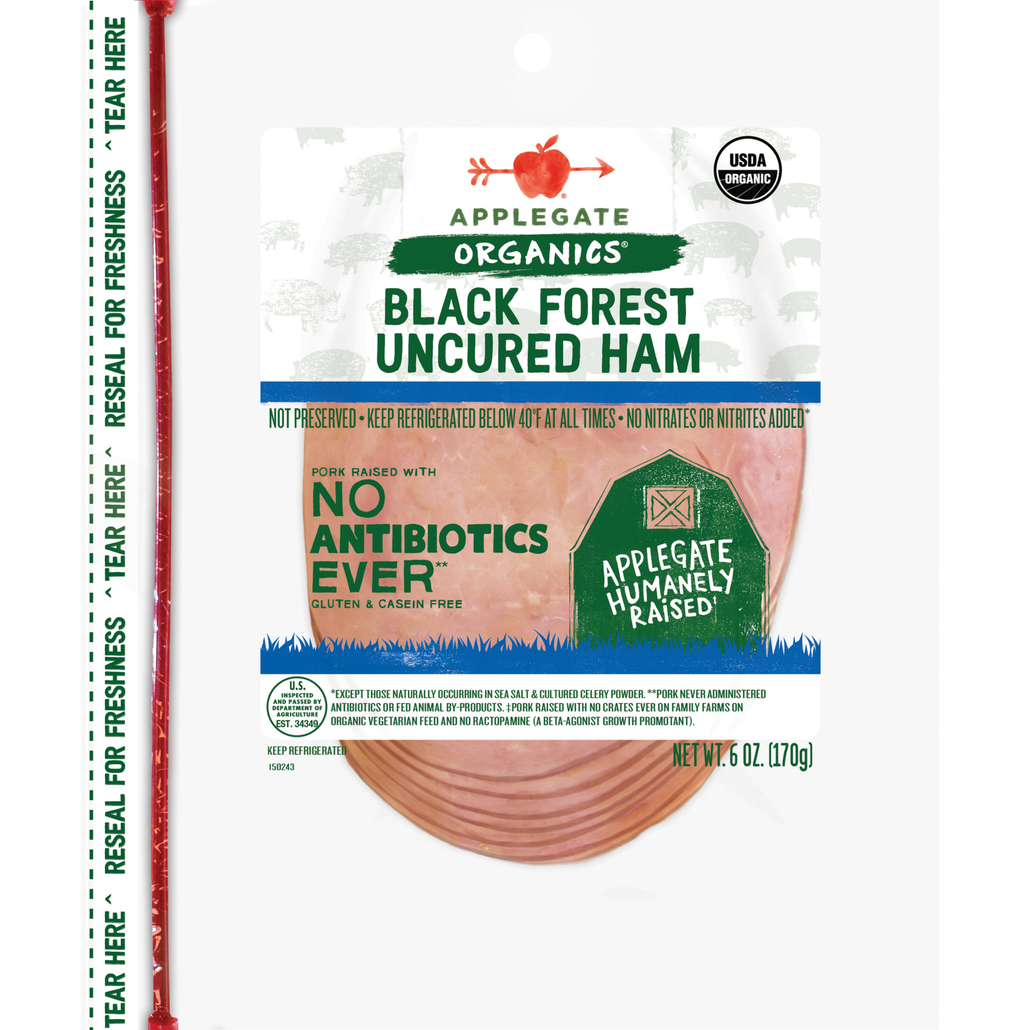 slide 1 of 2, Applegate Organics Uncured Black Forest Ham Sliced, 6oz, 6 oz