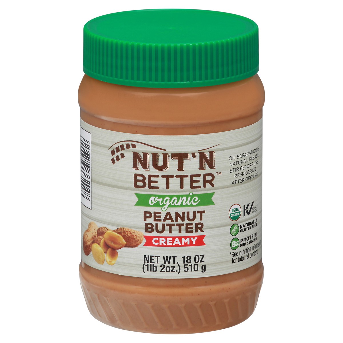 slide 1 of 9, Nut' N Better Creamy Organic Peanut Butter 18 oz, 18 oz