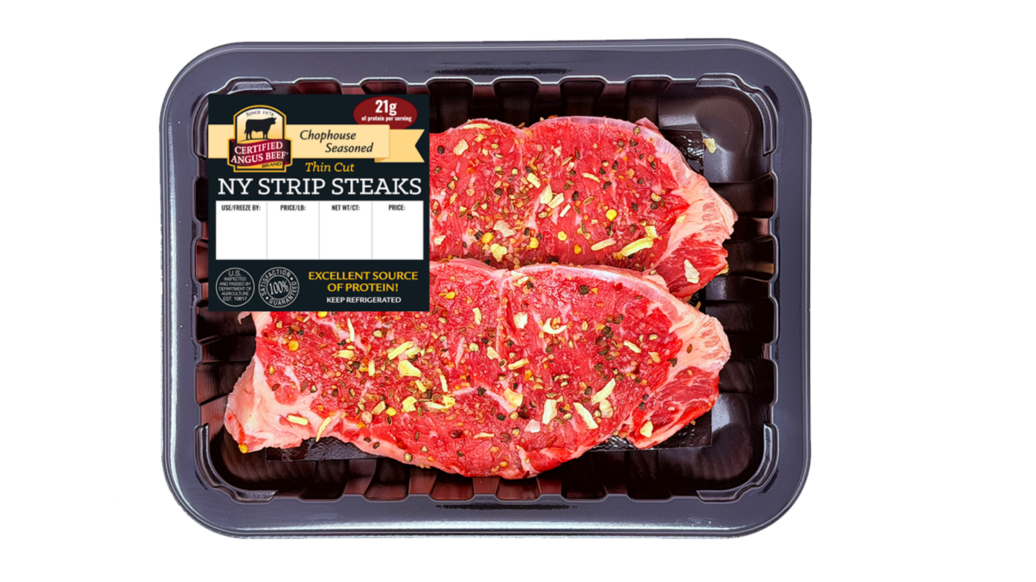 slide 1 of 1, Certified Angus Beef Chophouse Seasoned Thin Cut Ny Strip Steaks, per lb
