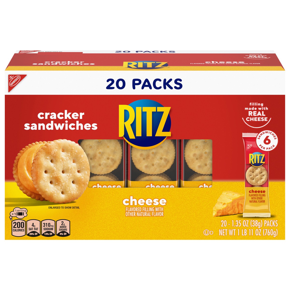 slide 13 of 14, RITZ Cheese Sandwich Crackers, Lunch Snacks, 20 Snack Packs (6 Crackers Per Pack), 27 oz