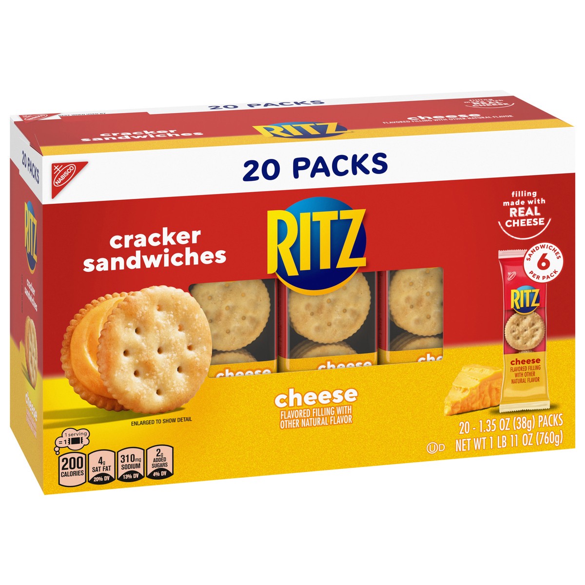 slide 3 of 14, RITZ Cheese Sandwich Crackers, Lunch Snacks, 20 Snack Packs (6 Crackers Per Pack), 27 oz