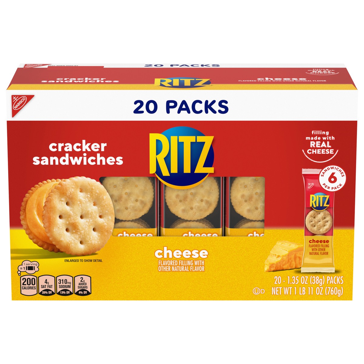slide 1 of 14, RITZ Cheese Sandwich Crackers, Lunch Snacks, 20 Snack Packs (6 Crackers Per Pack), 27 oz