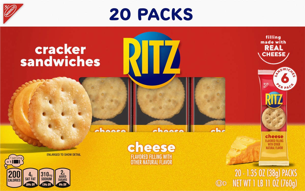 slide 6 of 14, RITZ Cheese Sandwich Crackers, Lunch Snacks, 20 Snack Packs (6 Crackers Per Pack), 27 oz