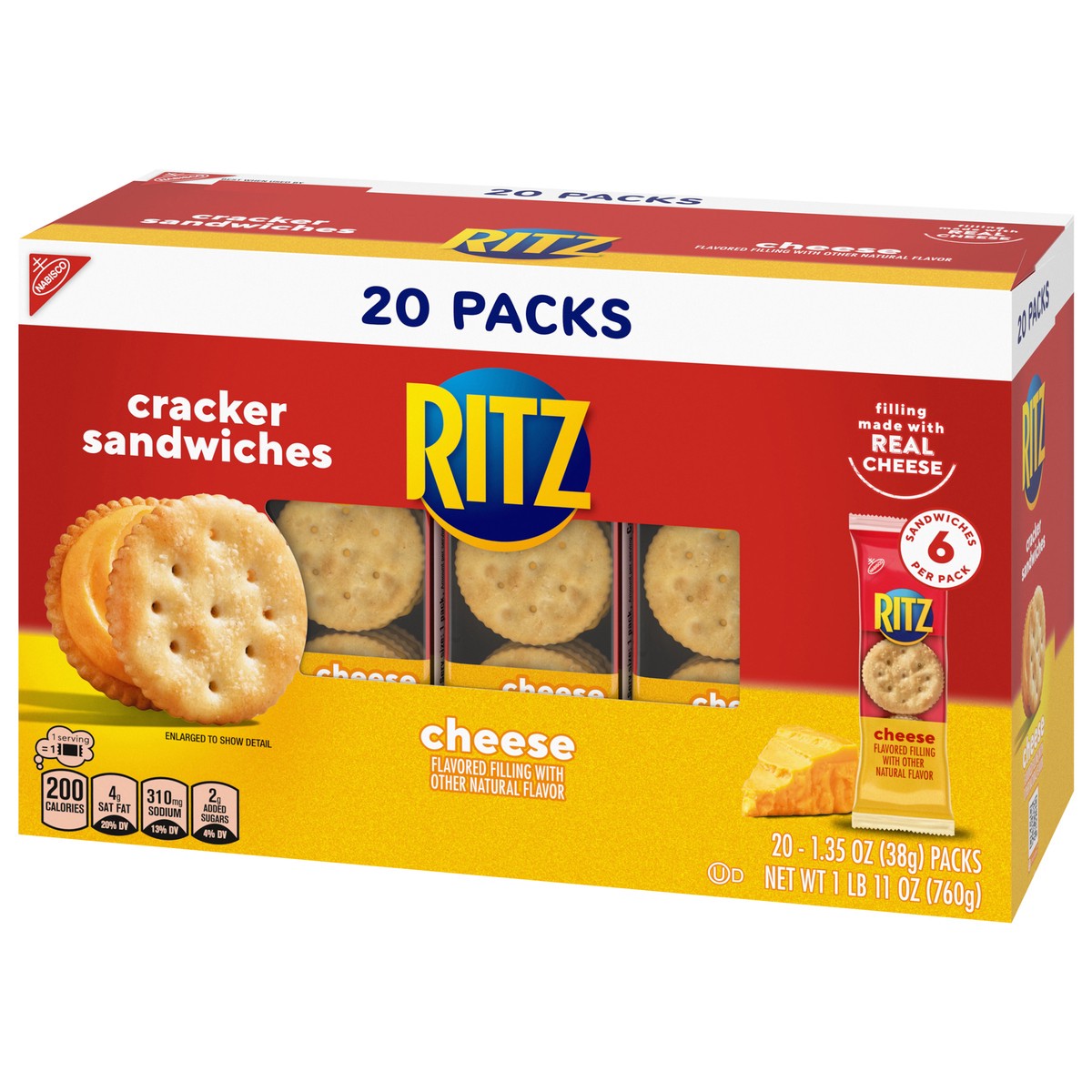 slide 10 of 14, RITZ Cheese Sandwich Crackers, Lunch Snacks, 20 Snack Packs (6 Crackers Per Pack), 27 oz