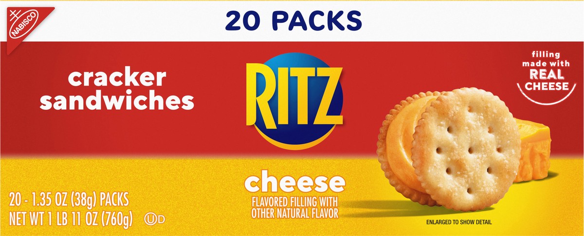 slide 7 of 14, RITZ Cheese Sandwich Crackers, Lunch Snacks, 20 Snack Packs (6 Crackers Per Pack), 27 oz