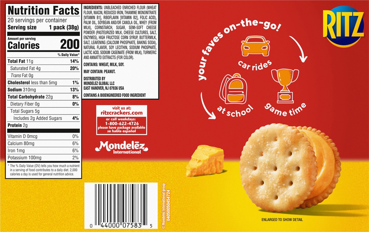 slide 9 of 14, RITZ Cheese Sandwich Crackers, Lunch Snacks, 20 Snack Packs (6 Crackers Per Pack), 27 oz