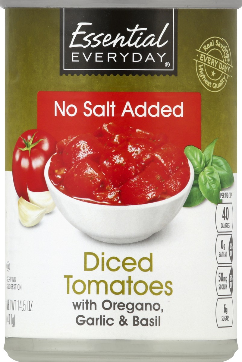 slide 5 of 6, Essential Everyday Diced Tomatoes, No Salt Added, with Oregano, Garlic & Basil, 14.5 oz