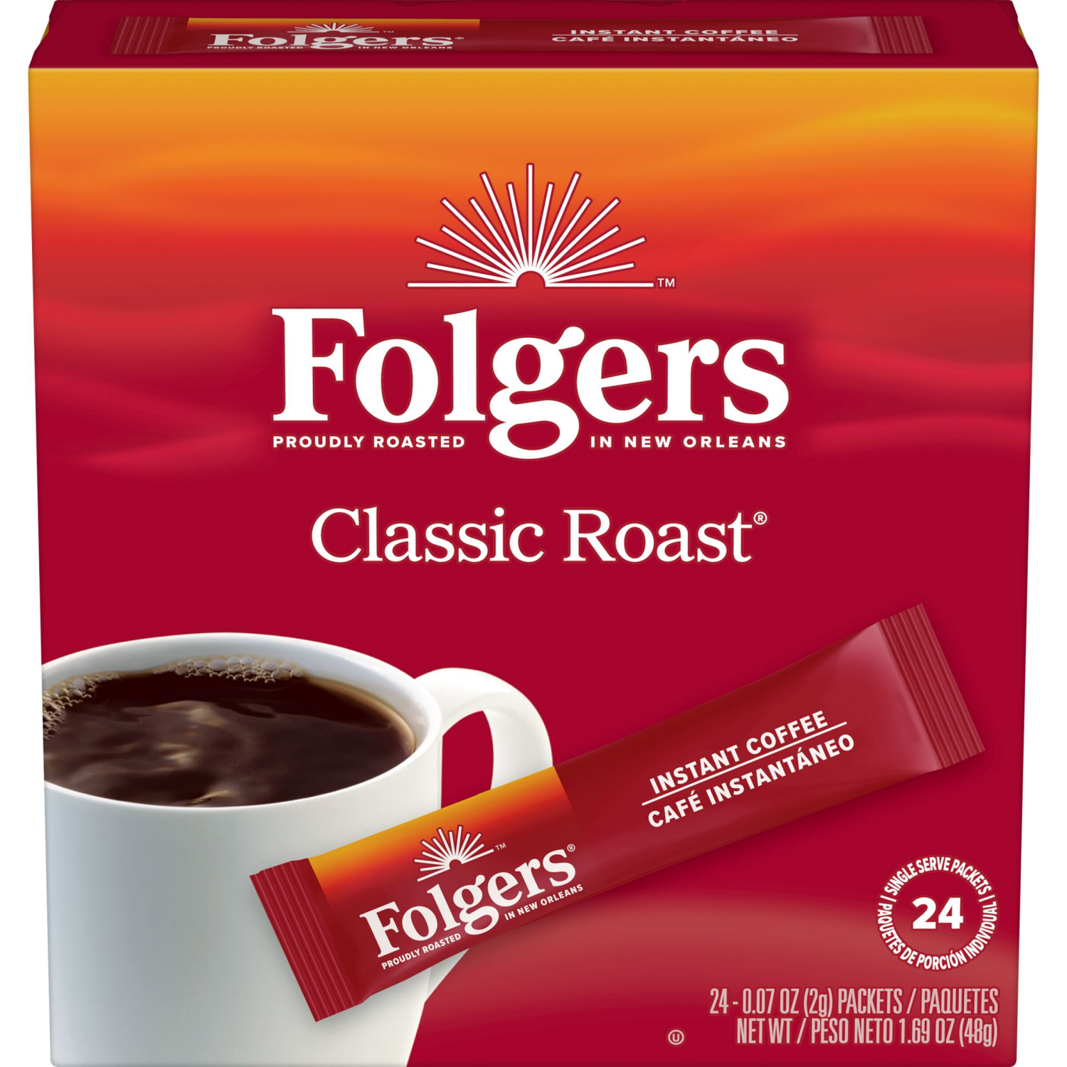 slide 1 of 5, Folgers Classic Roast Instant Coffee, Single Serving Packets, 24-Count, 24 ct