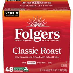 Folgers Classic Roast, Medium Roast Coffee, Keurig K-Cup Pods, 48 Count Box