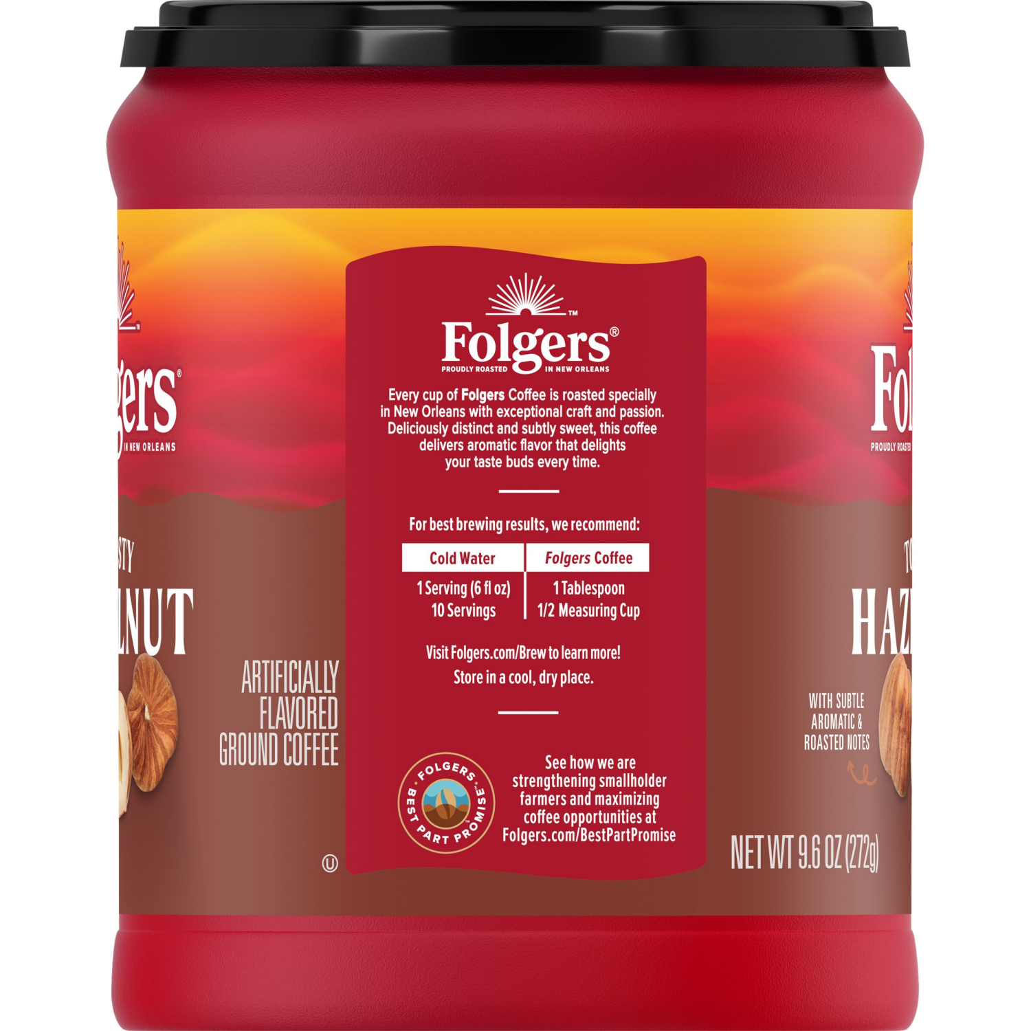 slide 3 of 5, Folgers Toasty Hazelnut Artificially Flavored Ground Coffee, 9.6 oz. Canister, 9.6 oz