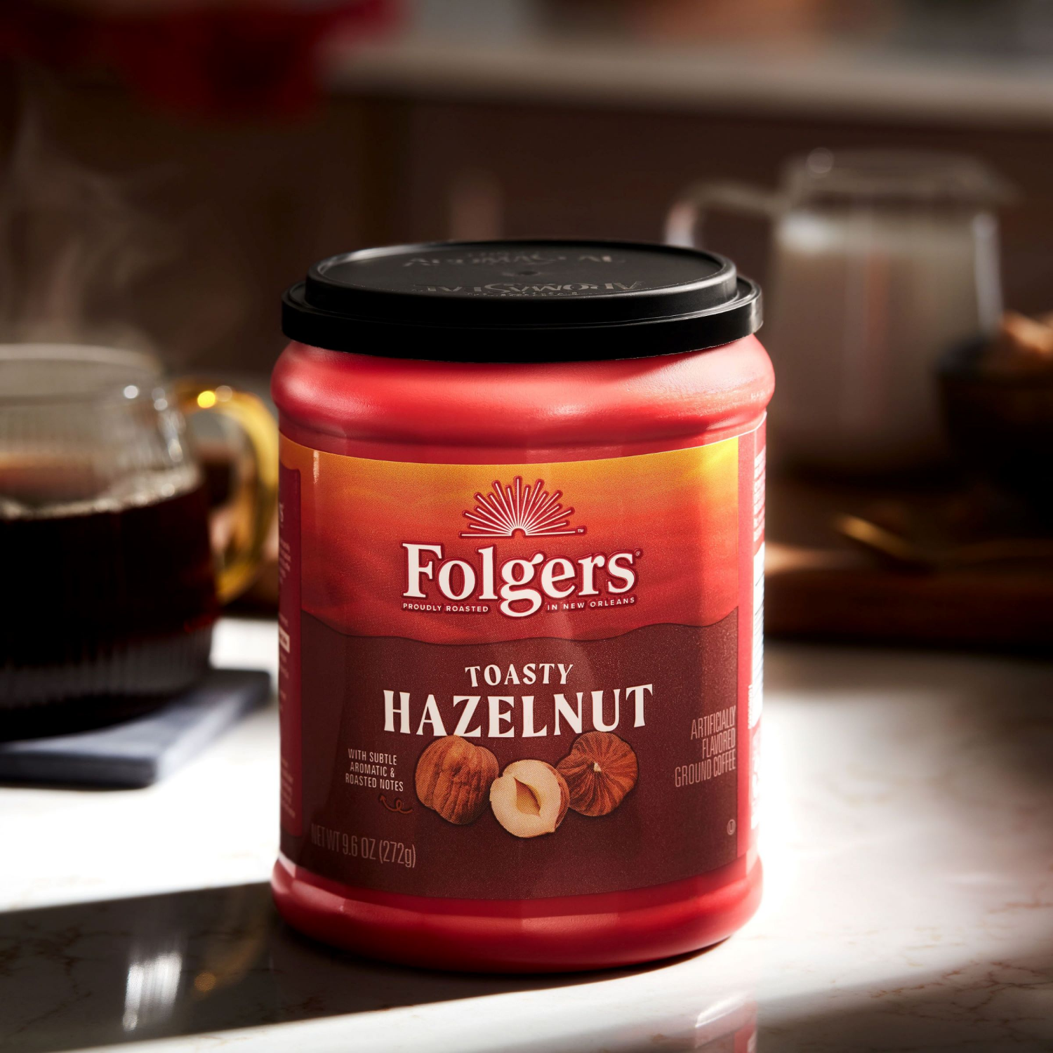 slide 5 of 5, Folgers Toasty Hazelnut Artificially Flavored Ground Coffee, 9.6 oz. Canister, 9.6 oz