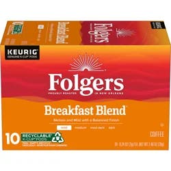 Folgers Breakfast Blend Coffee, Mild Roast, Keurig K-Cup Pods, 10 Count