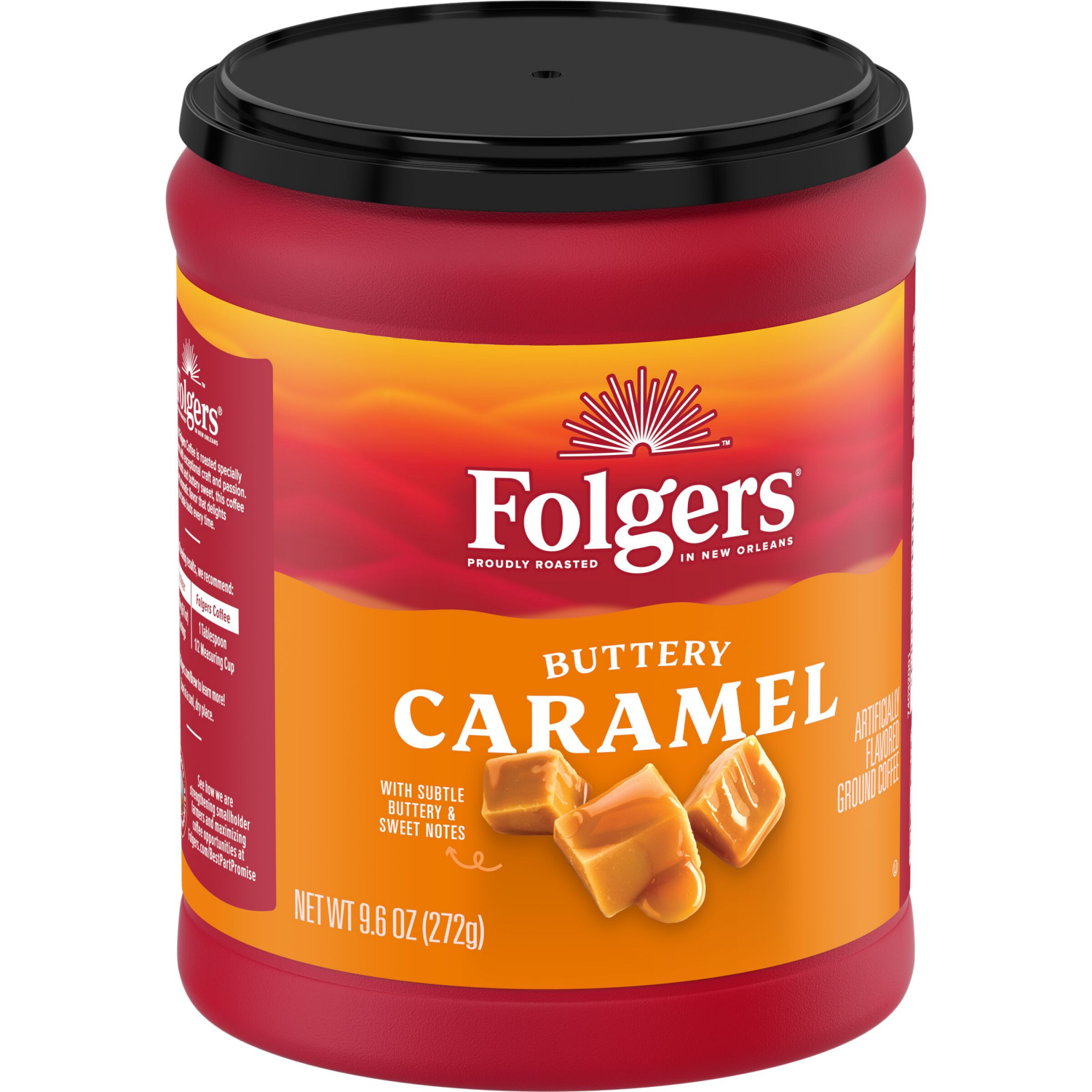 slide 5 of 5, Folgers Buttery Caramel Artificially Flavored Ground Coffee, Medium Roast, 9.6 ounce Canister, 9.6 oz