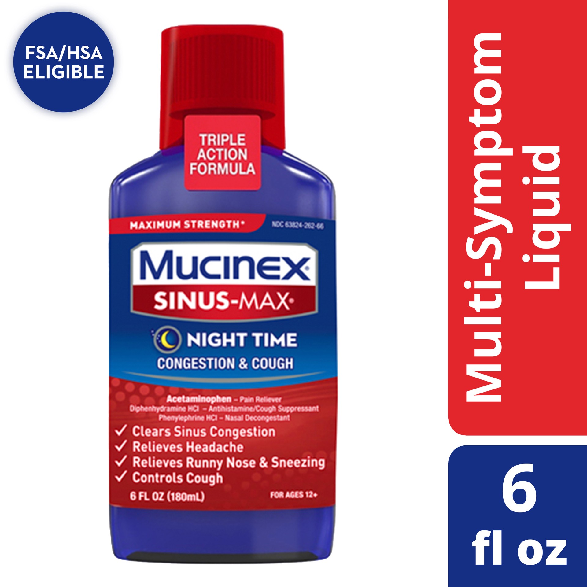 slide 1 of 1, Mucinex Sinus-Max Adult Liquid Nighttime Relief, 6 Ounce, 6 oz