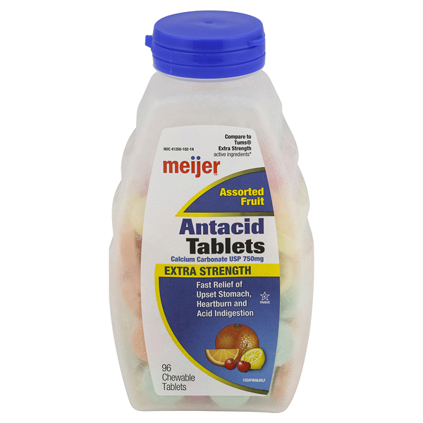 slide 1 of 1, Meijer Extra Strength Antacid Tablets Assorted Fruit Flavor, 96 ct