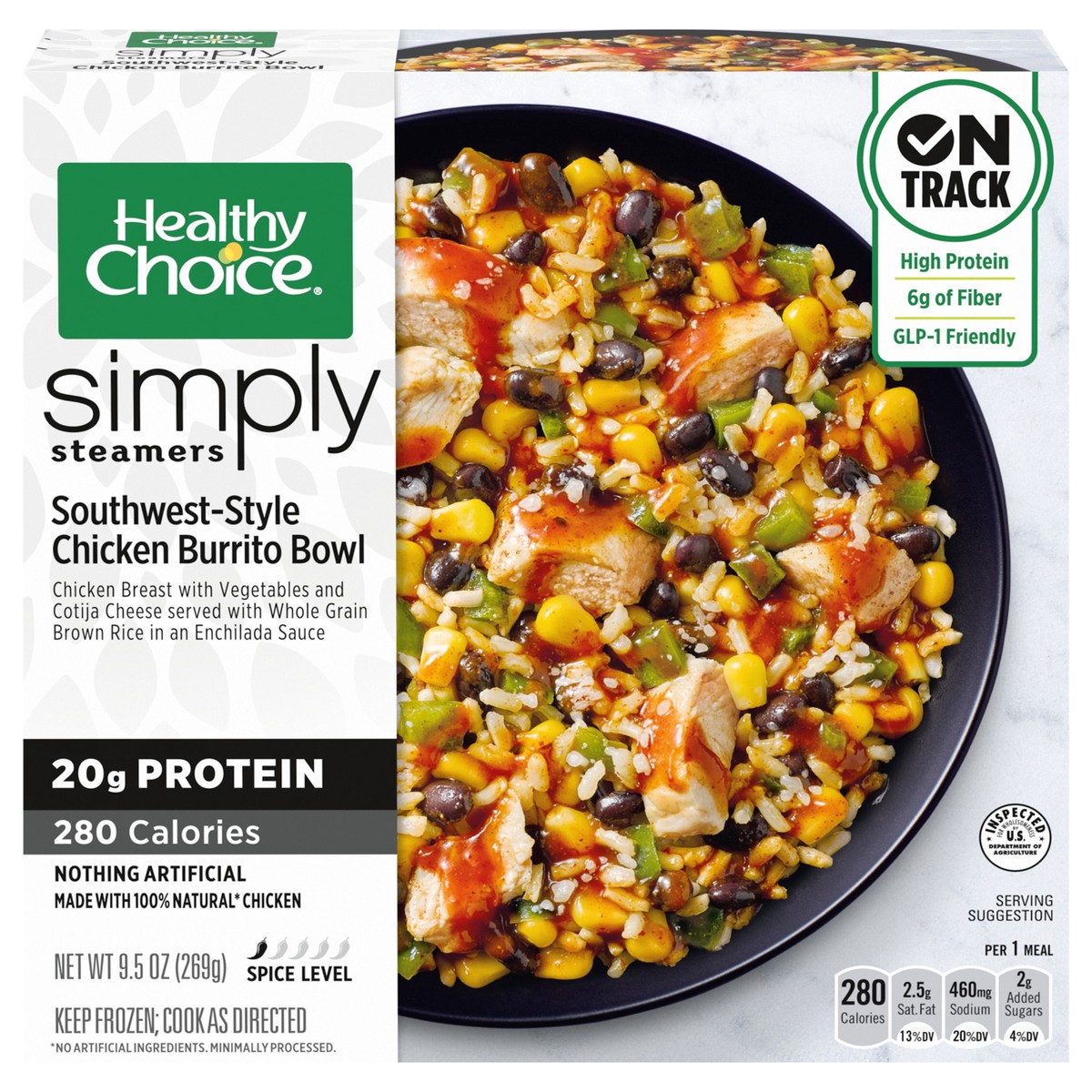 slide 1 of 2, Healthy Choice Simply Steamers, Southwest-Style Chicken Burrito Bowl, Frozen Meal, 10 oz. Bowl, 9.5 oz