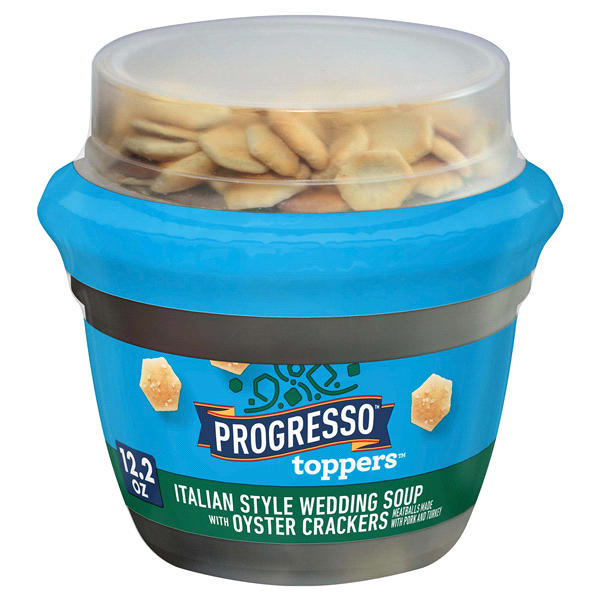 slide 1 of 1, Progresso Toppers Italian Style Wedding Soup With Oyster Crackers, 12.2 oz