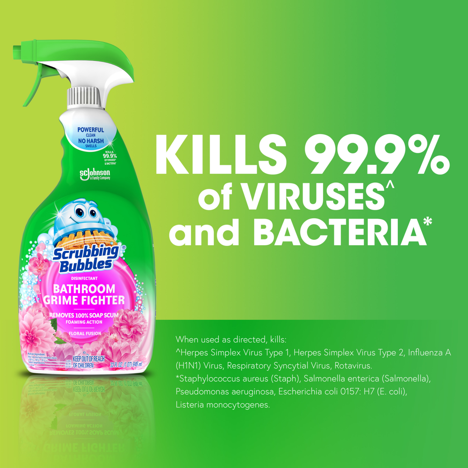 slide 4 of 8, Scrubbing Bubbles Disinfectant Bathroom Grime Fighter Spray, Floral Fusion, 32 fl oz, 32 fl oz