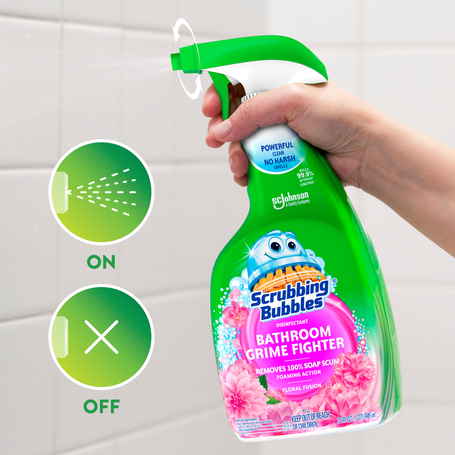 slide 2 of 8, Scrubbing Bubbles Disinfectant Bathroom Grime Fighter Spray, Floral Fusion, 32 fl oz, 32 fl oz