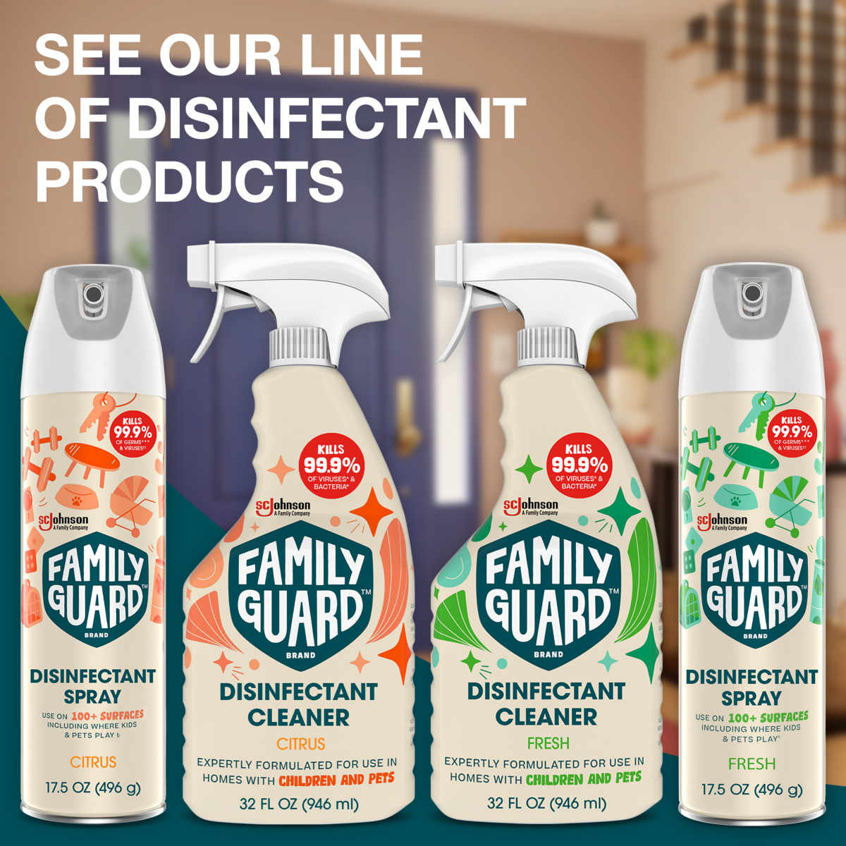 slide 5 of 29, FamilyGuard Brand Disinfectant Spray, 17.5 oz, Citrus, For 100+ Surfaces Your Family Touches Most, 17.5 oz
