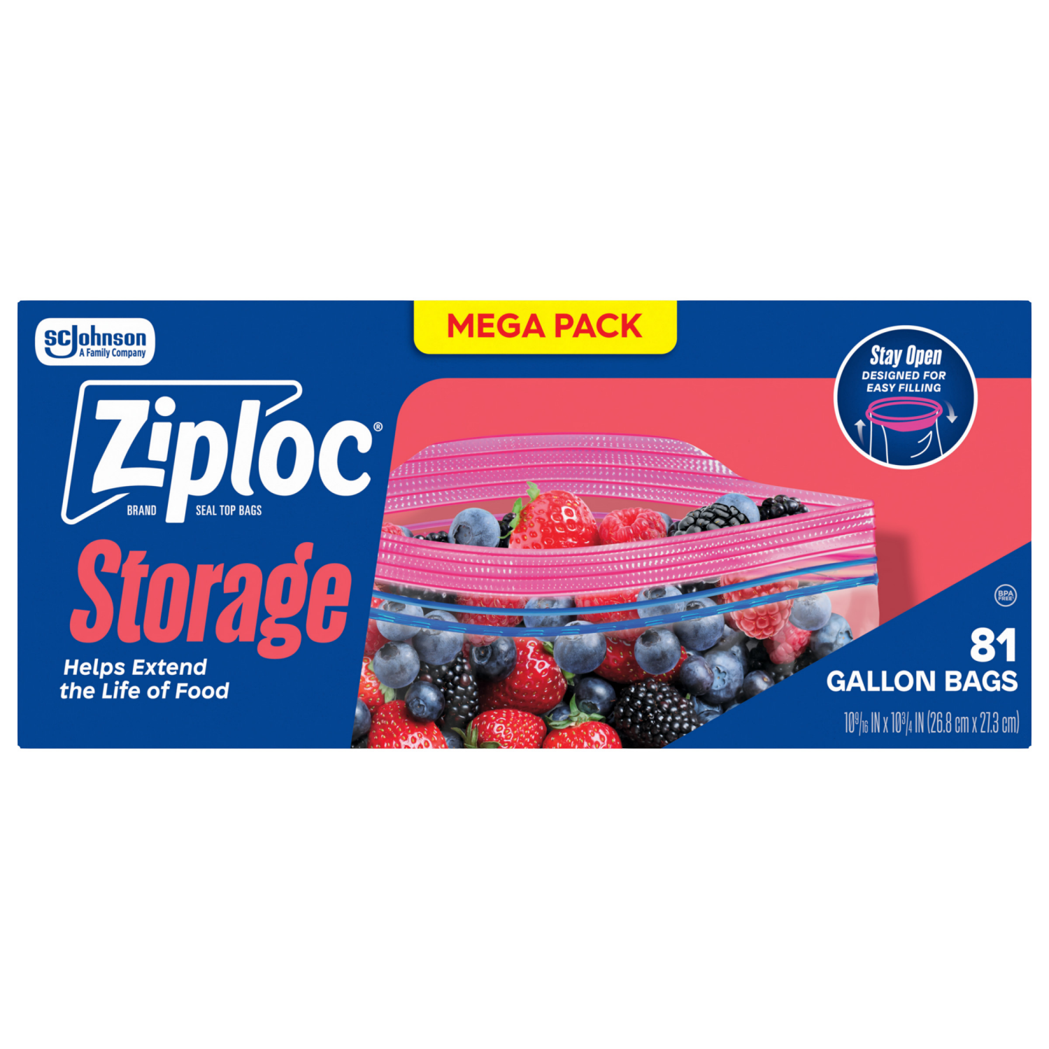 slide 2 of 8, Ziploc Brand Storage Bags with Stay Open Design, Gallon, 81 Count, Patented Stand-up Bottom, Easy to Fill Food Storage Bags, Unloc a Free Set of Hands in the Kitchen, Microwave Safe, BPA Free, 81 ct