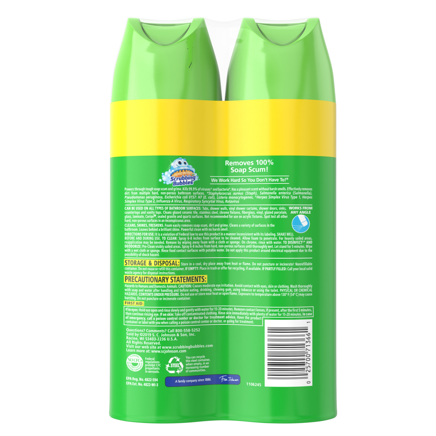 slide 2 of 8, Scrubbing Bubbles Bathroom Grime Fighter Aerosol, Disinfectant Spray; Effective Tile, Bathtub, Shower and Overall Bathroom Cleaner (1 Aerosol Spray), Citrus, 20 oz (Pack of 2), 2 ct