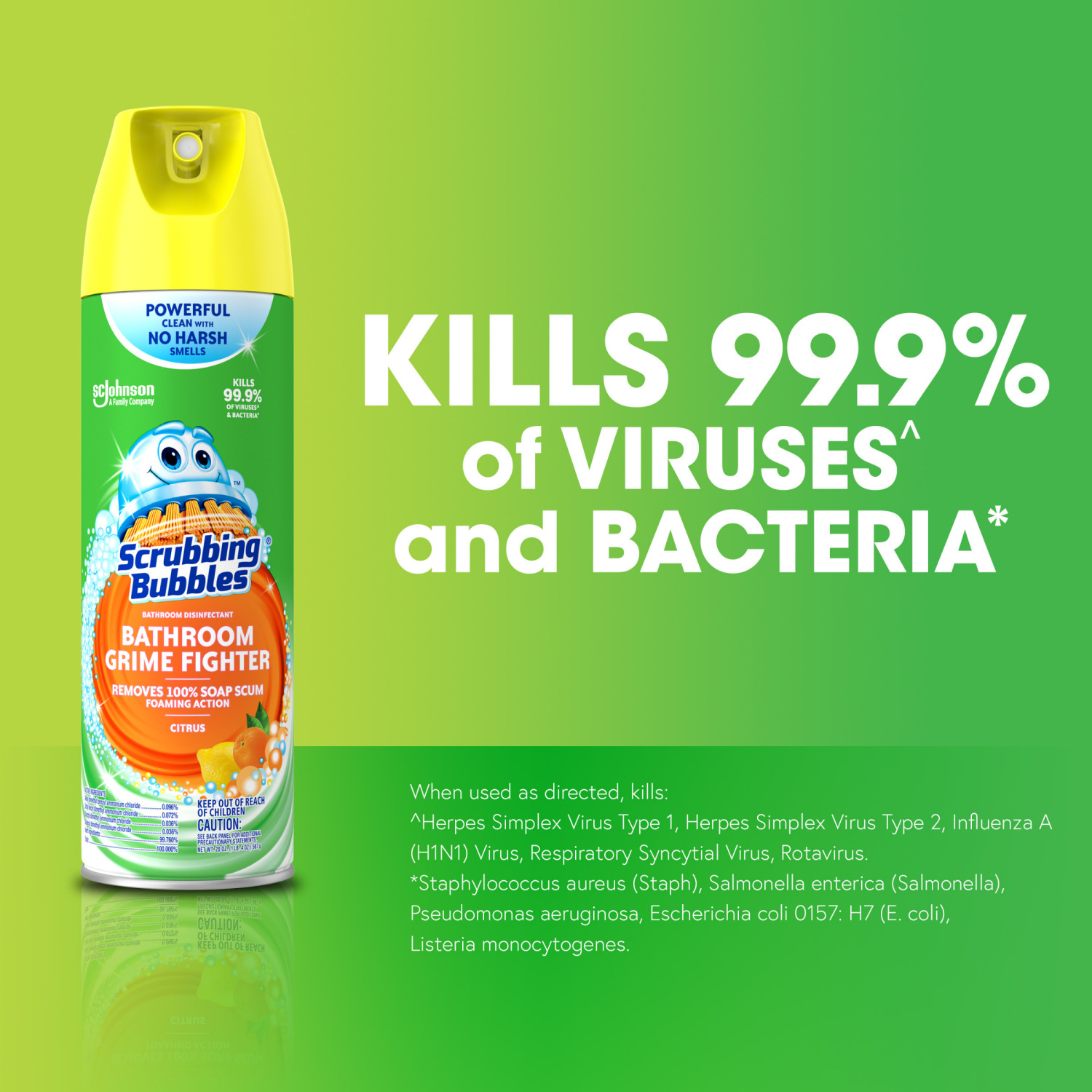 slide 4 of 8, Scrubbing Bubbles Bathroom Grime Fighter Aerosol, Disinfectant Spray; Effective Tile, Bathtub, Shower and Overall Bathroom Cleaner (1 Aerosol Spray), Citrus, 20 oz (Pack of 2), 2 ct
