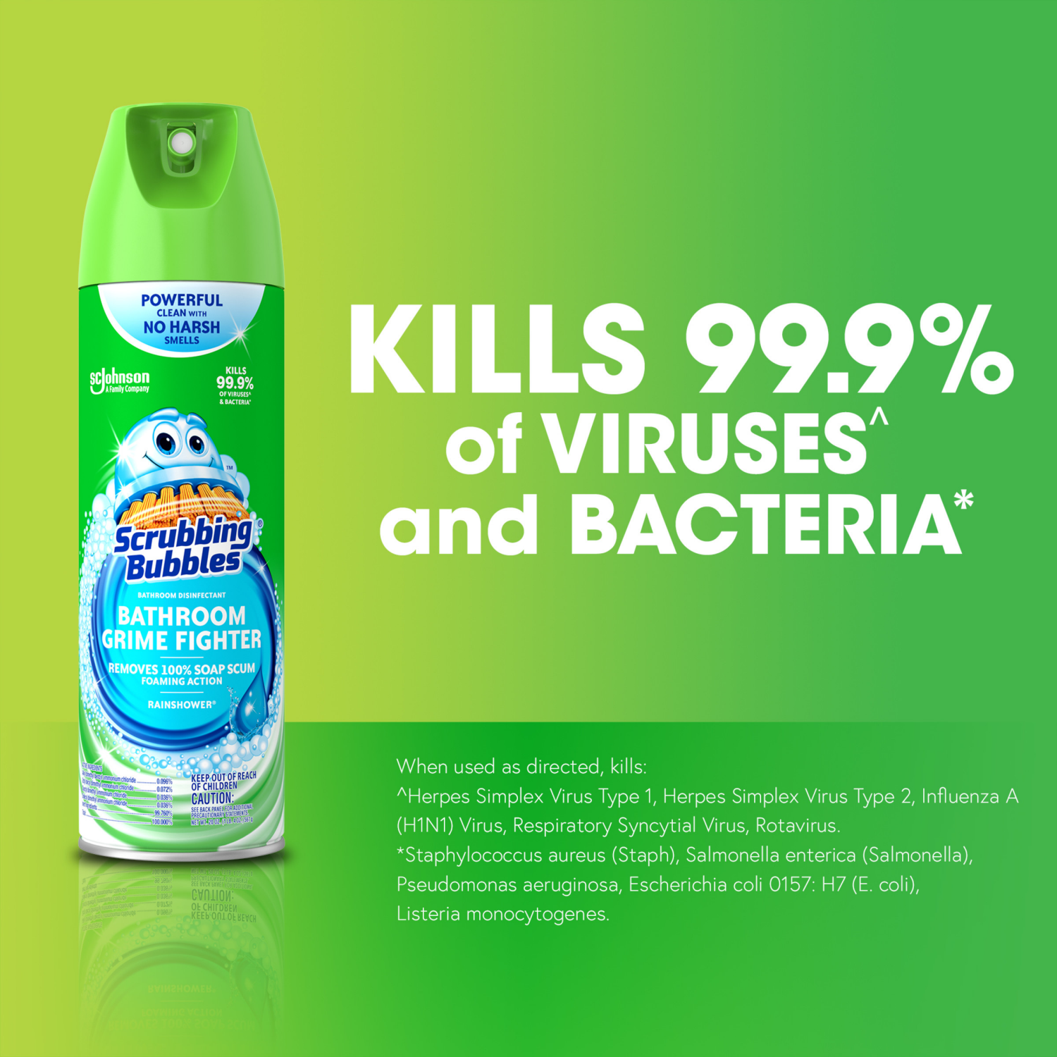 slide 2 of 5, Scrubbing Bubbles Bathroom Grime Fighter Aerosol, Disinfectant Spray; Effective Tile, Bathtub, Shower and Overall Bathroom Cleaner (1 Aerosol Spray), Rainshower, 20 oz, 20 fl oz