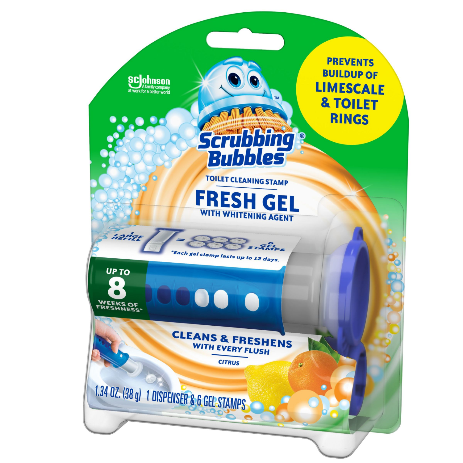 slide 6 of 8, Scrubbing Bubbles Fresh Gel Toilet Cleaning Stamp, Citrus, Dispenser with 6 Gel Stamps, 1.34 oz, 1.34 ct