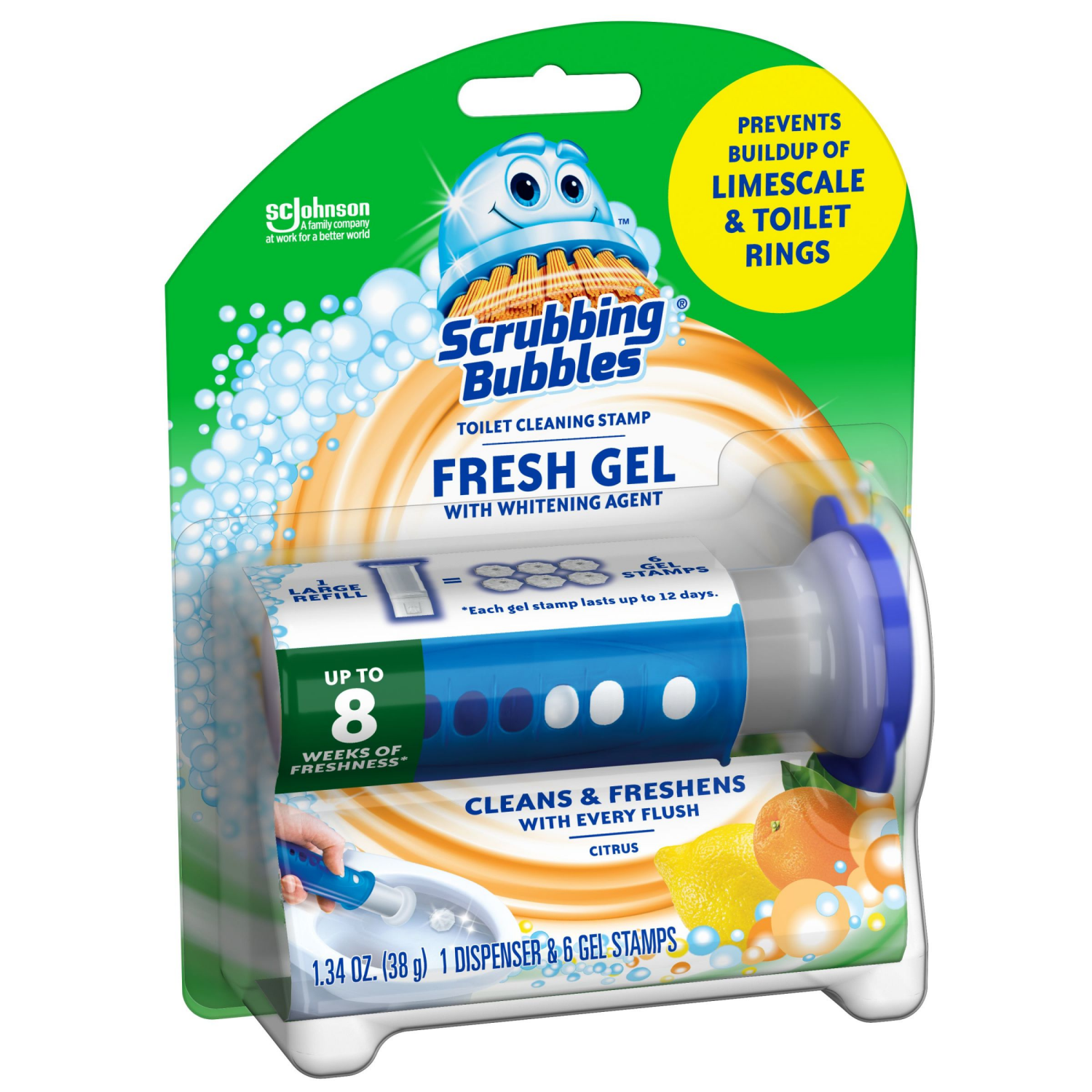 slide 7 of 8, Scrubbing Bubbles Fresh Gel Toilet Cleaning Stamp, Citrus, Dispenser with 6 Gel Stamps, 1.34 oz, 1.34 ct