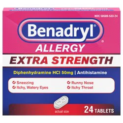 Benadryl Extra Strength Antihistamine Allergy Relief Tablets, 24 ct