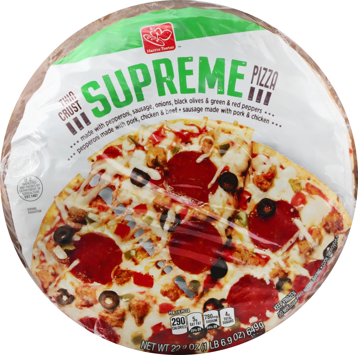 slide 9 of 10, Harris Teeter Thin Crust Supreme Pizza, 22.9 oz