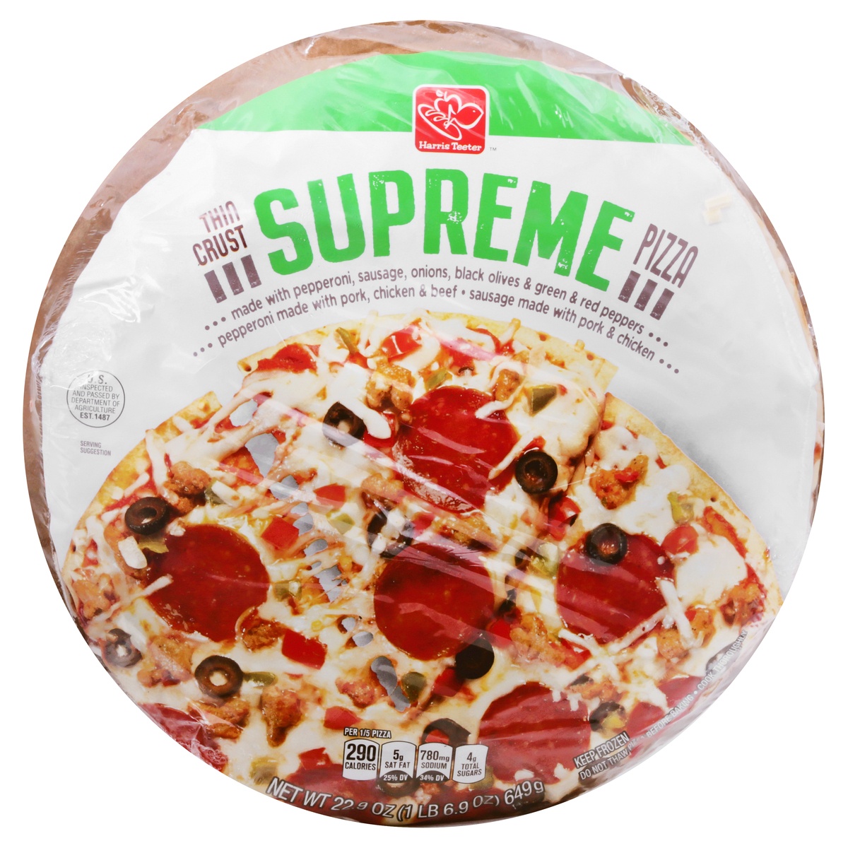slide 1 of 10, Harris Teeter Thin Crust Supreme Pizza, 22.9 oz