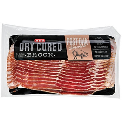 slide 1 of 1, H-E-B Dry Cured Post Oak Bacon, 16 oz